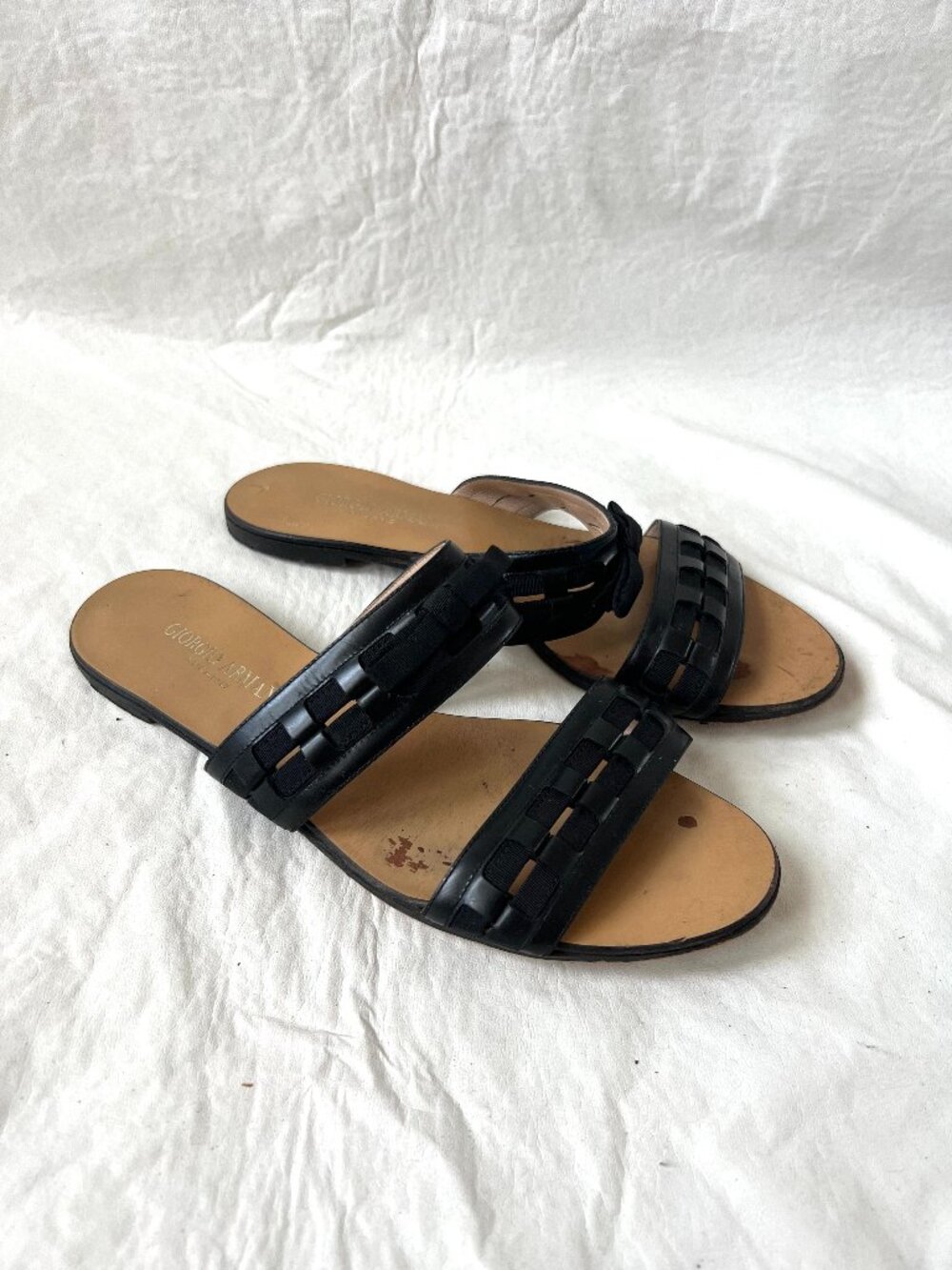 Giorgio Armani sandals womens 7 slide black leather woven two straps flat